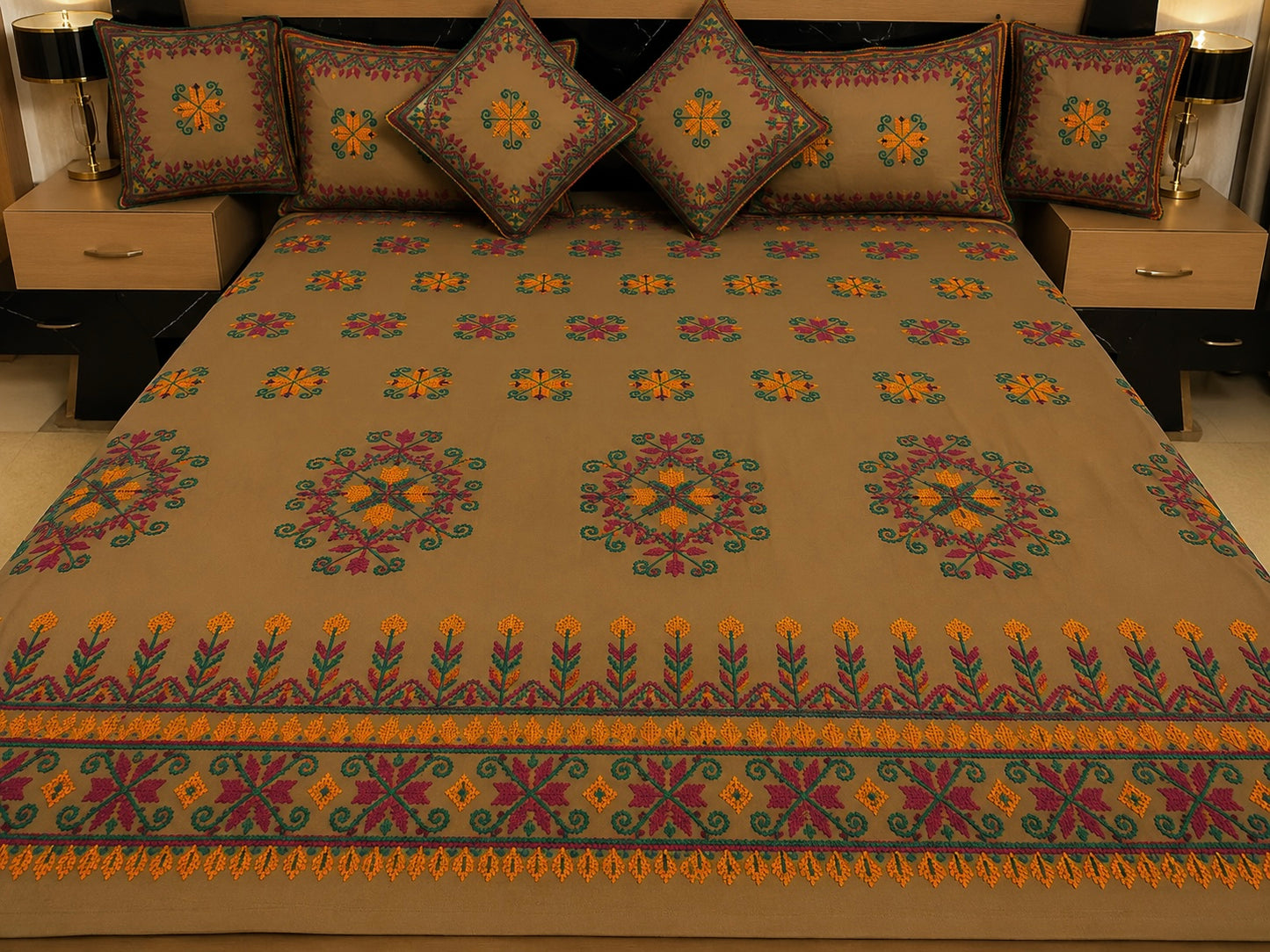 Sindhi Hurmcha Heavy Ari Embroidery 7-Piece Bridal Bedsheet Set – Soft Cotton Fabric | King Size