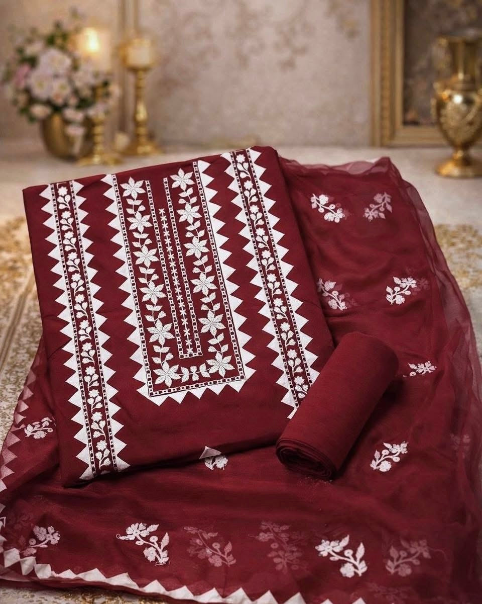 Elegant Handmade Applic Work Embroidery Lawn Cotton with Chiffon Dupatta - Unstitch 3PC Dress 👗