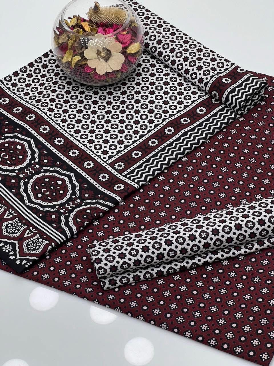 Hand Block Print Ajrak Cotton Unstitched 3-Piece Suit | All-Season Wear