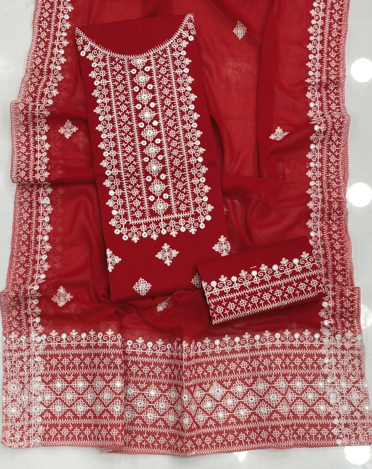 Premium 3PC Ari Hurmuch Foil Work Embroidered Suit – White Contrast