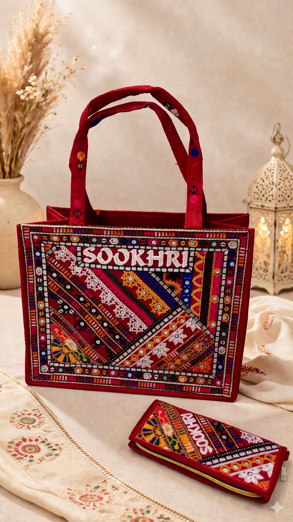 Traditional Multi-Pattern Antique Embroidered Handbag with Matching Clutch