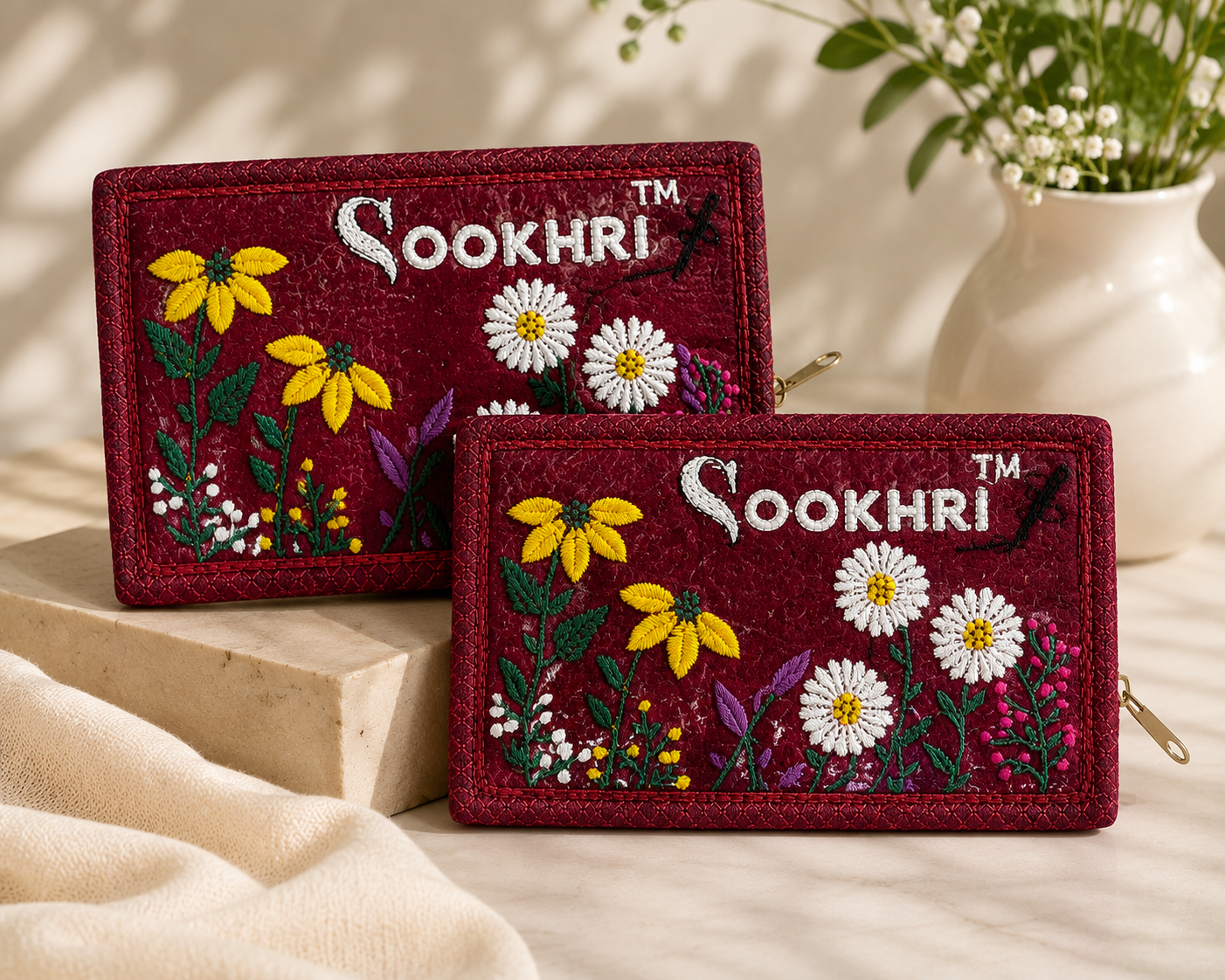 SOOKHRI Embroidered Velvet Clutch – Floral Zipper Wallet (Pair of 2)