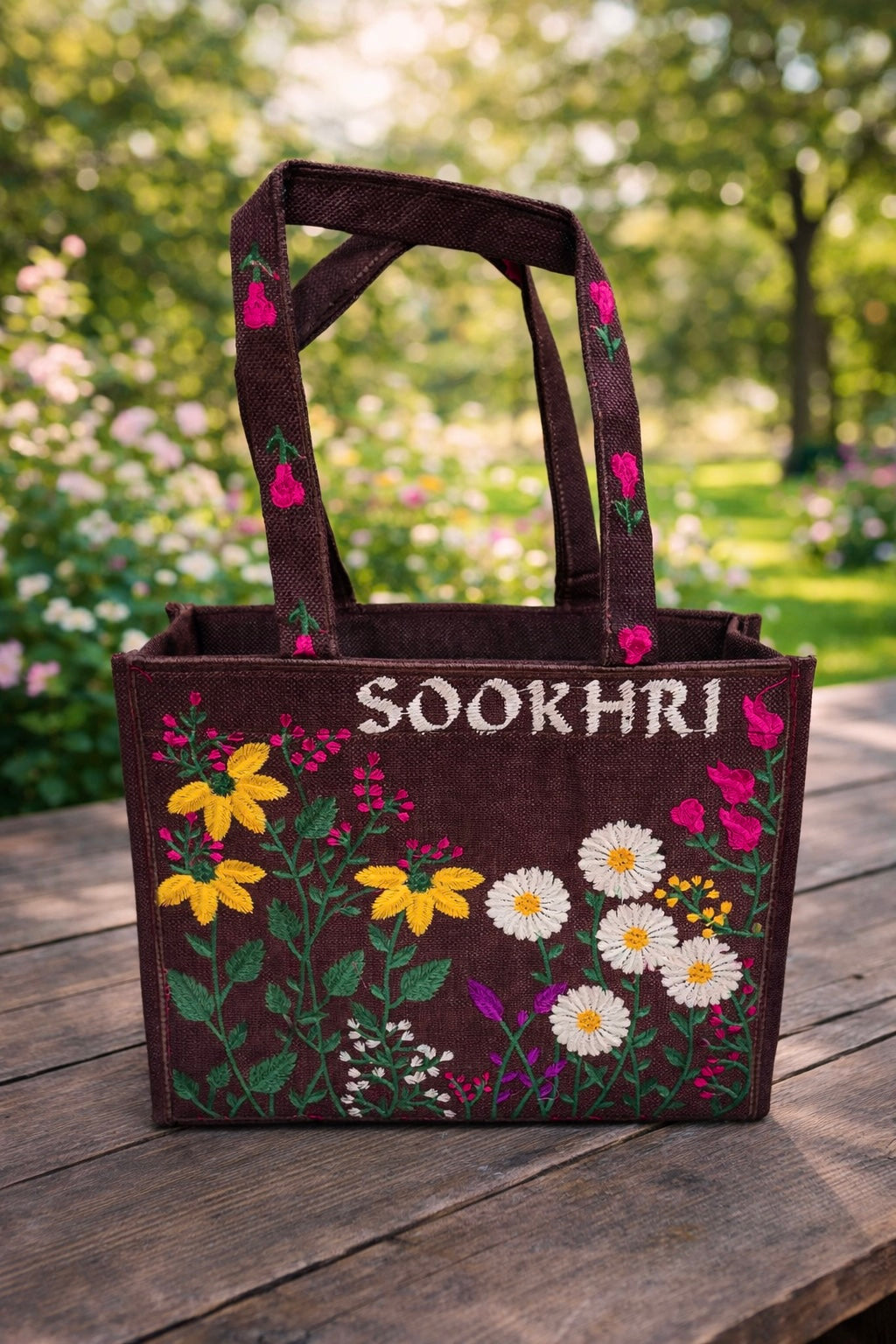 Floral Embroidered Jute Fabric Tote Bag – Medium Size