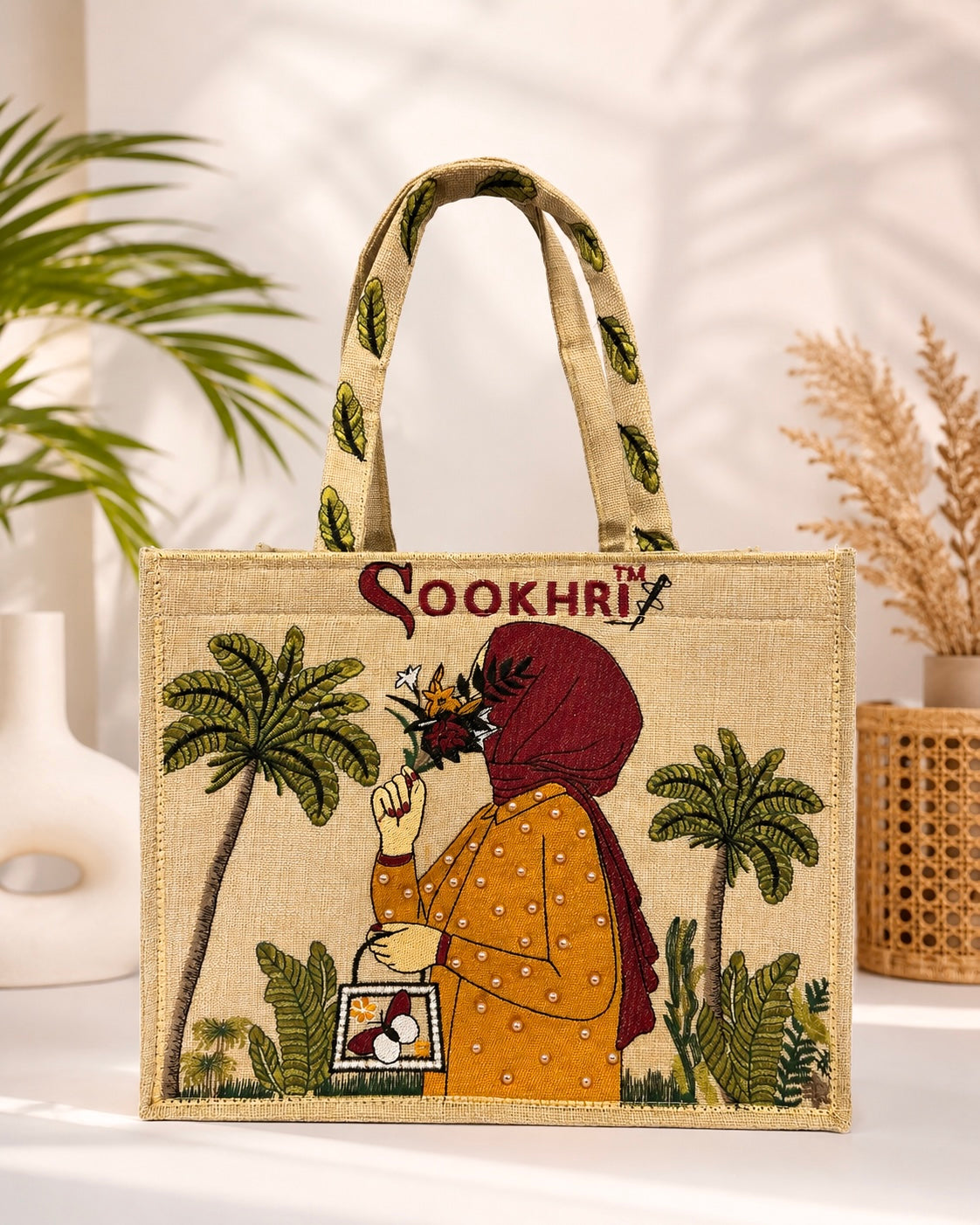 Sookhri Handcrafted Embroidered Jute Tote Bag for Women | Eco-Friendly Shopping & Everyday Handbag (15 Inches Length | 11.5 Inches Width)