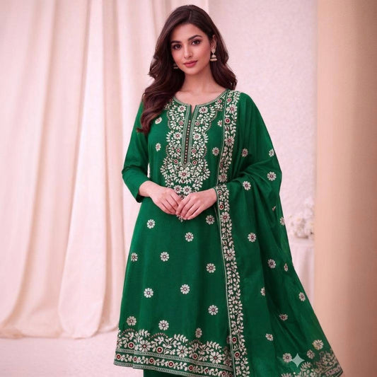 9MM Sitara Pakka Thread Work Embroidery Lawn Cotton Fabric - 3PC Unstitch Dress 👗