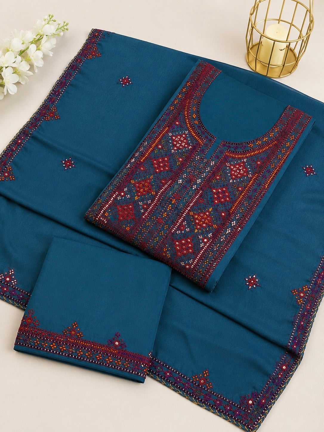 Balochi Handmade Original Mirror Work Lawn Cotton Fabric With Four Border Chiffon Dupatta 3PC Unstitched Dress 👗