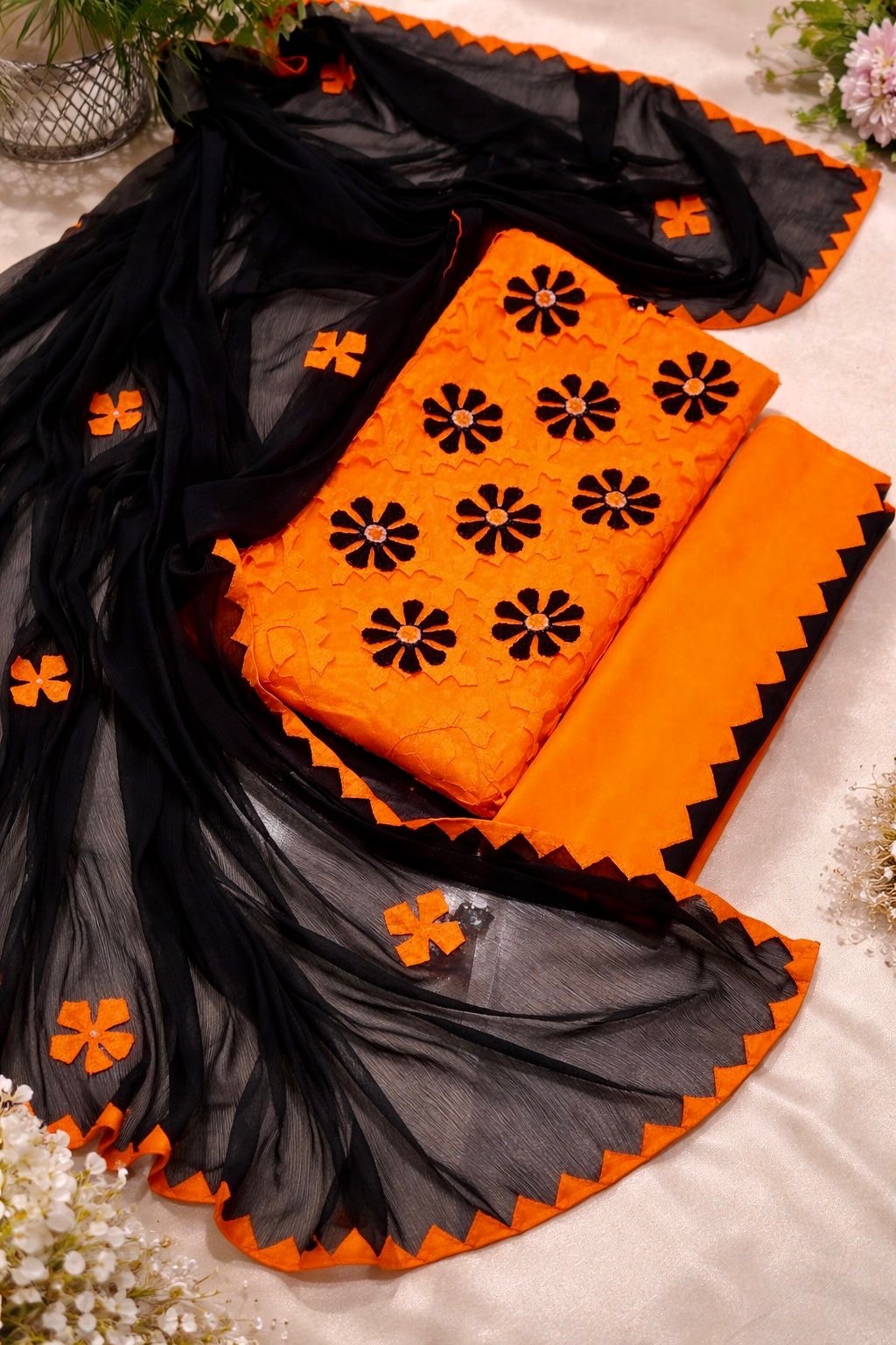 Handcrafted Soft Cotton Applique Work 3-Piece Unstitched Dress with Net Front Panel & Chiffon Dupatta