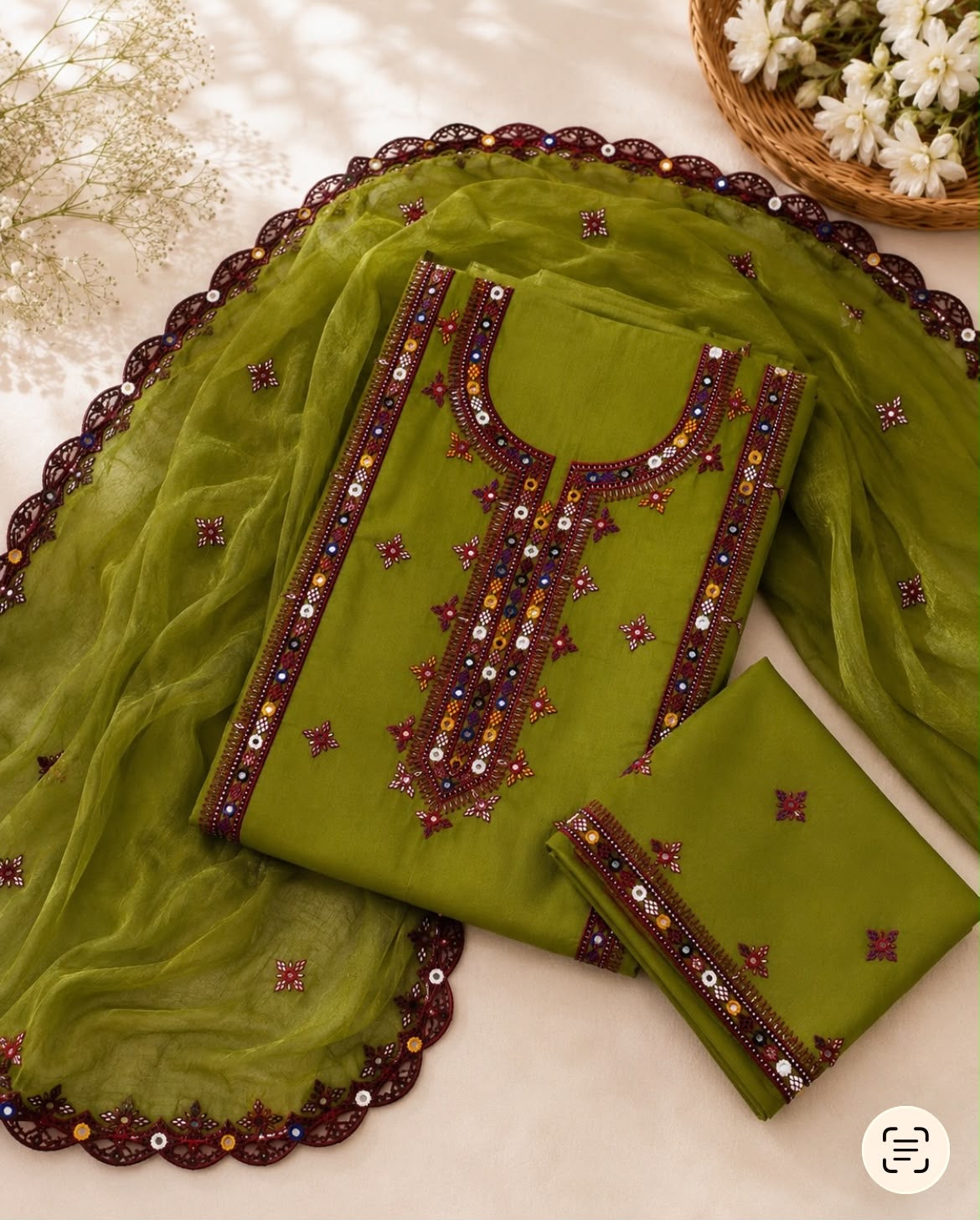 Balochi Thick Thread Embroidered Lawn Cotton with Two Side Cutwork Border Embroidered Dupatta - 3PC Unstitch Dress 👗