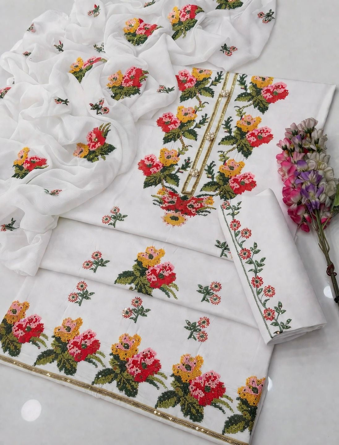 3MM Sequence Sitara Heavy Cross Stitch Multi Floral Embroidery Lawn Cotton with Chiffon Dupatta - 3PC Unstitched Dress 👗