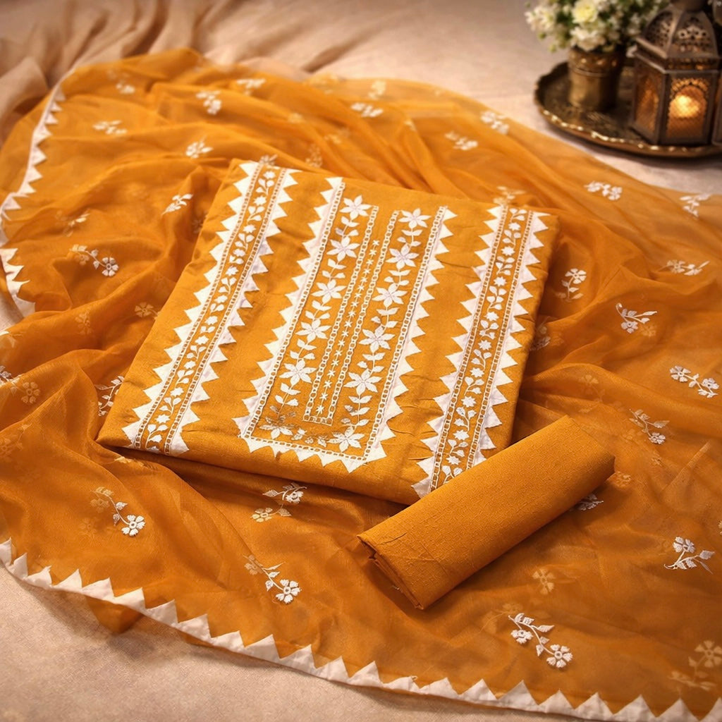 Elegant Handmade Applic Work Embroidery Lawn Cotton with Chiffon Dupatta - Unstitch 3PC Dress 👗
