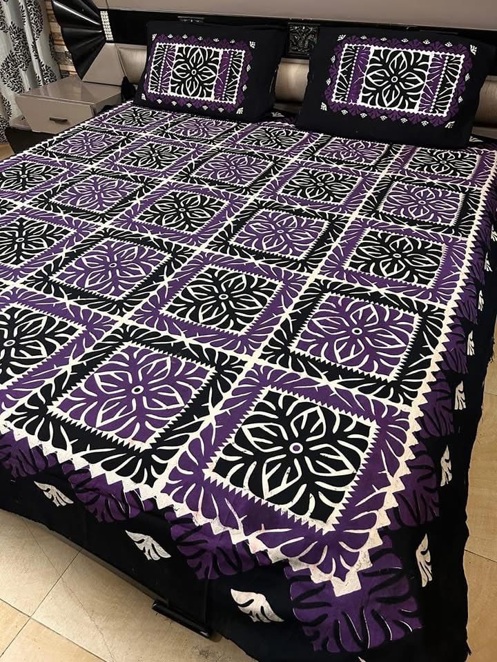 Ajrak Cotton King Size Block Print Bedsheet with 2 Unstitched Pillow Covers