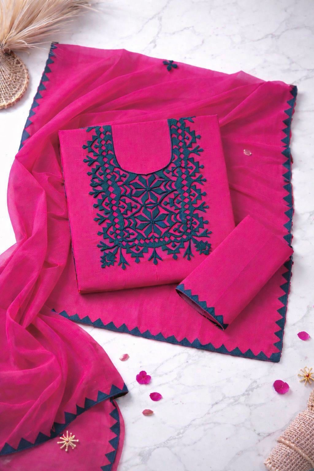 Pure Fancy Handmade Applique Work Soft Cotton Suit with Chiffon Dupatta – 3 Piece Unstitched Dress 👗