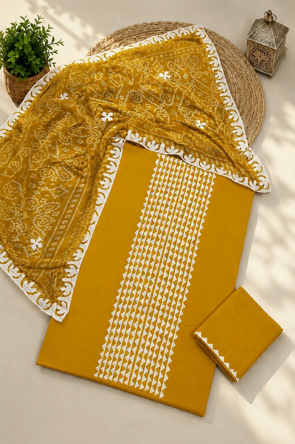Applic Handwork Lawn Cotton Shirt & Trouser with Four Side Applic Border Chiffon Chunri Printed Dupatta – 3PC Unstitched Dress 👗