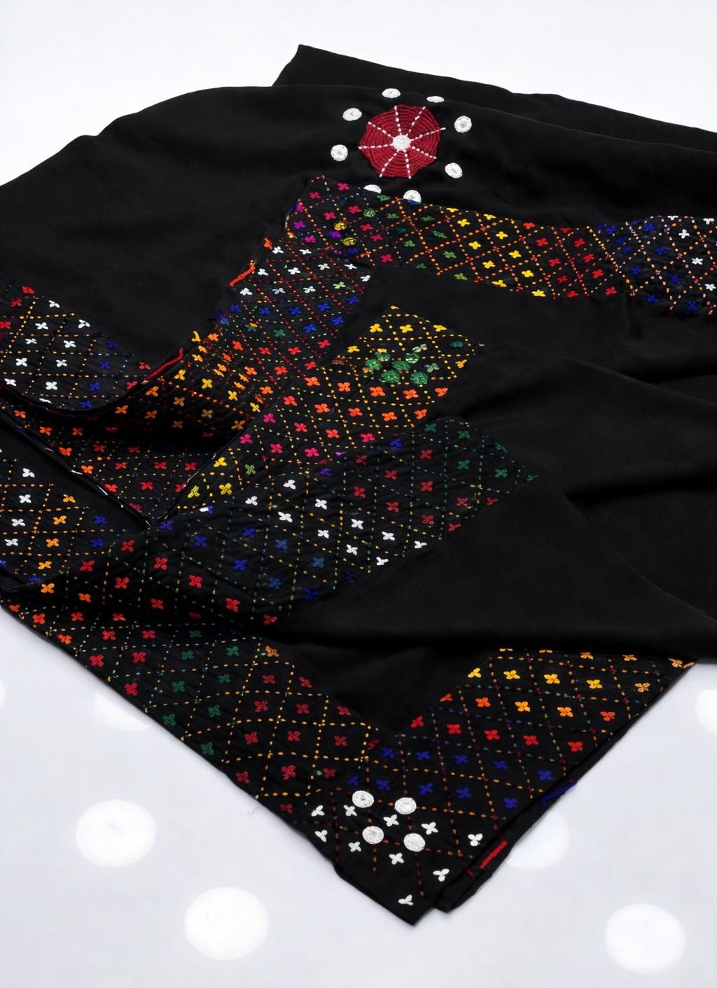 Handmade 4 Side Border Multi Tanka Floral Mirror Work Chaddar – Swiss Voile Fabric