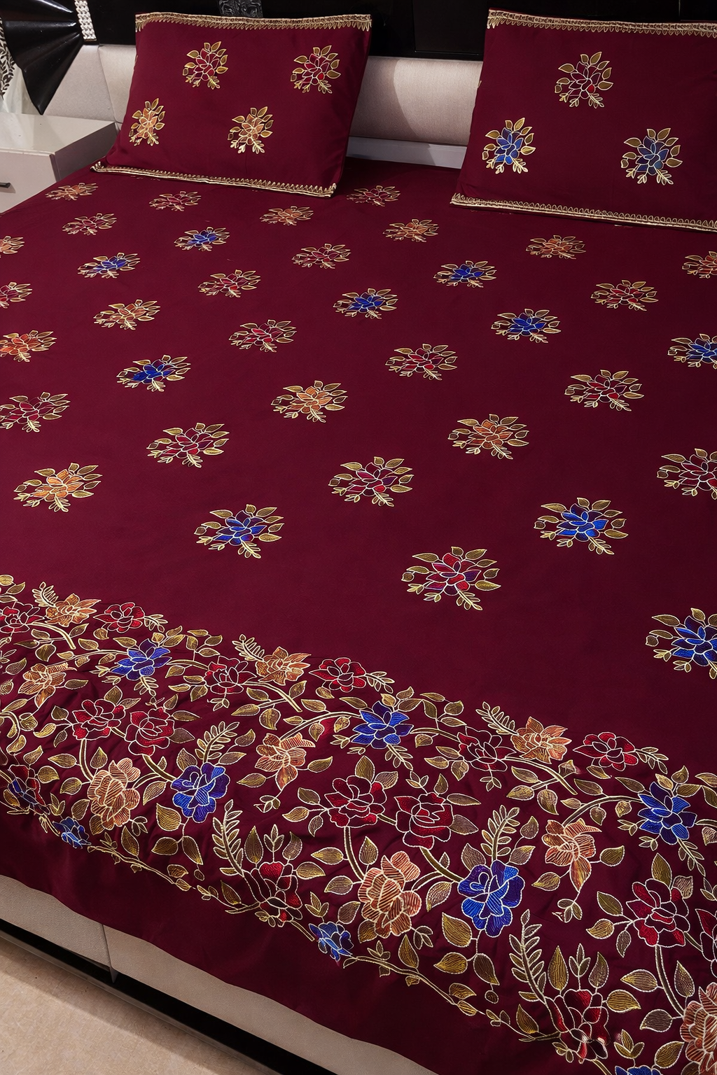 Premium Cotton King Size Multi Flower Jaal Embrodiery Double Bedsheet Set With 2 Stitched Pillow Covers