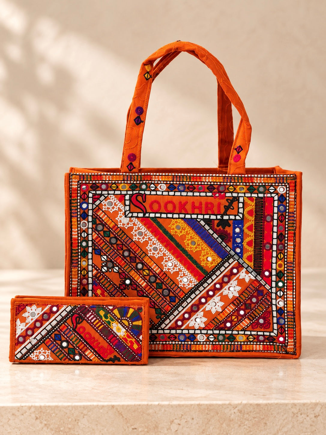 Traditional Multi-Pattern Embroidered Handbag with Matching Clutch – Antique Design