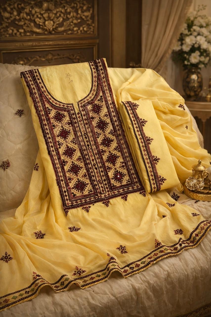 Balochi Handcrafted 3-Piece Suit with Original Mirror Work – Soft Cotton & Chiffon Dupatta