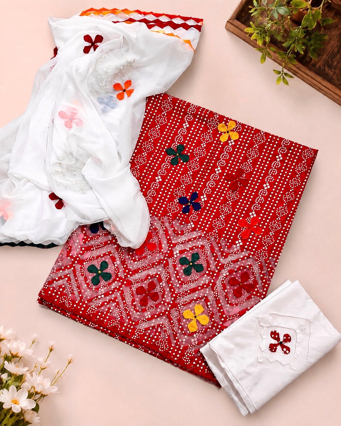 Lawn Cotton Chunri Print Multi Applic Work Handmade with Chiffon Applic Work Dupatta - 3PC Unstitch Dress 👗