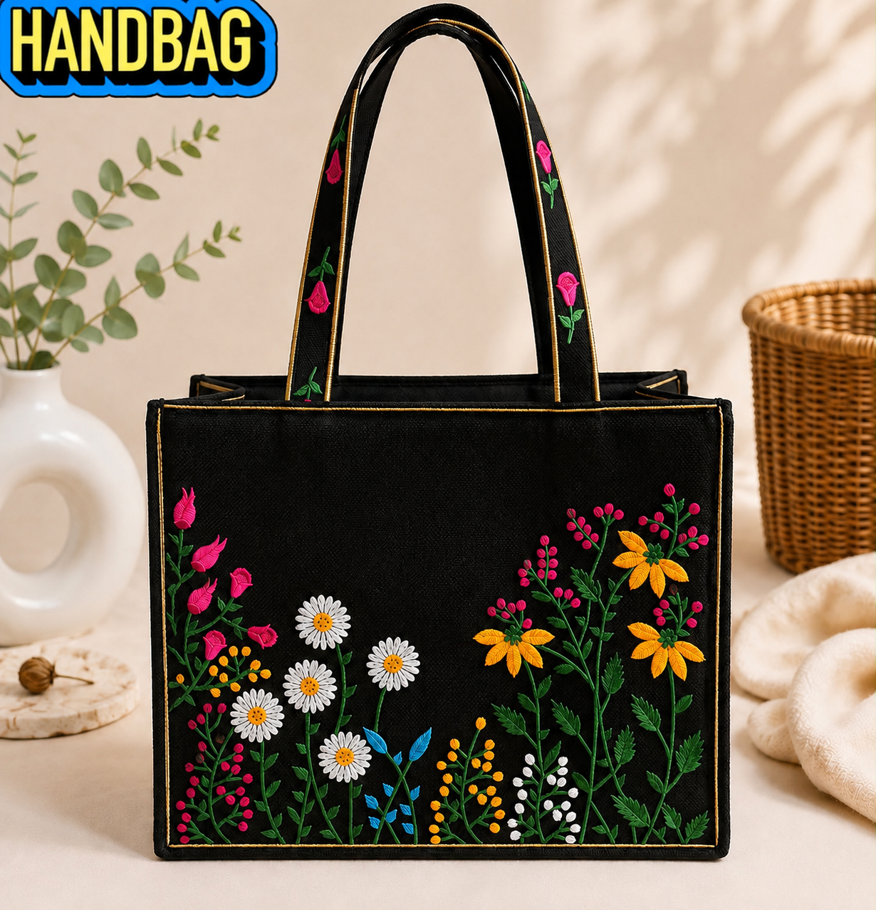 Floral Embroidered Jute Fabric Tote Bag – (14 Inches Length | 11 inches Width)