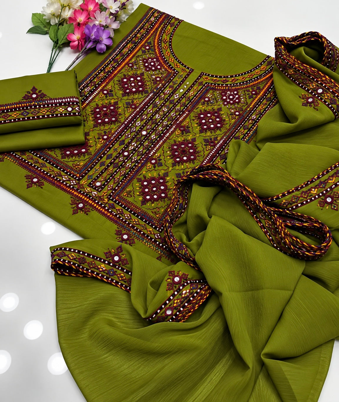 Balochi Handmade Mirror Work Soft Cotton Fabric Shirt & Trouser with Chiffon Dupatta | 3PC Unstitch Dress 👗