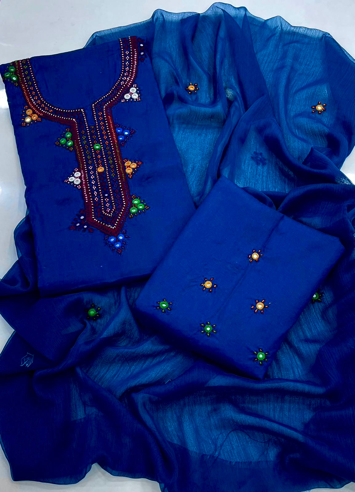 Balochi Gala Handwork 3-Piece Suit | Original Mirror Work | Soft Cotton & Chiffon Dupatta