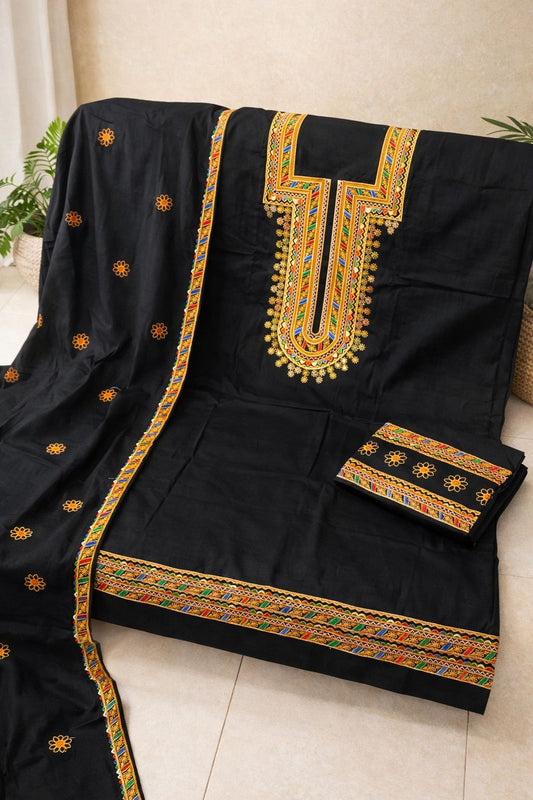 Soft Cotton Zari Work Embroidered 3-Piece Suit – Shirt, Trouser & Dupatta