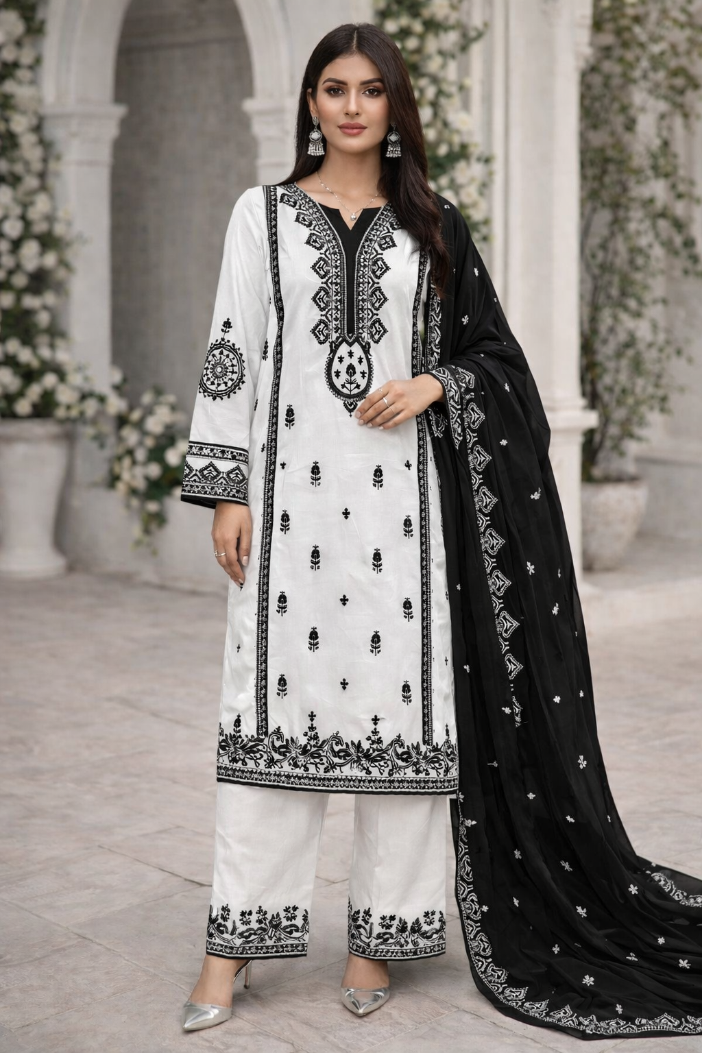 Black & White Kashmiri Embroidered Lawn 3 Piece Suit with Chiffon Dupatta – Unstitched
