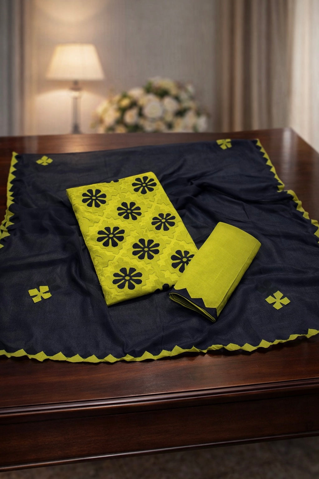 Handcrafted Soft Cotton Applique Work 3-Piece Unstitched Dress with Net Front Panel & Chiffon Dupatta