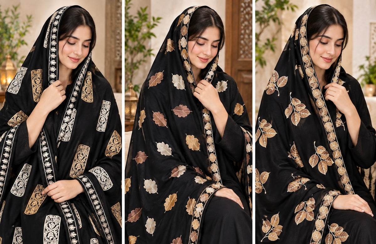 Premium Linen Chadar with Resham Embroidery | Leaf Motif | Double Side Border