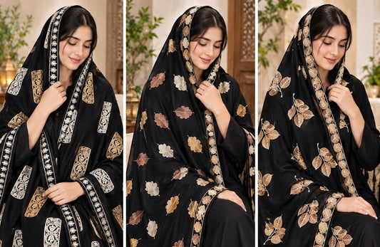 Premium Linen Chadar with Resham Embroidery | Leaf Motif | Double Side Border