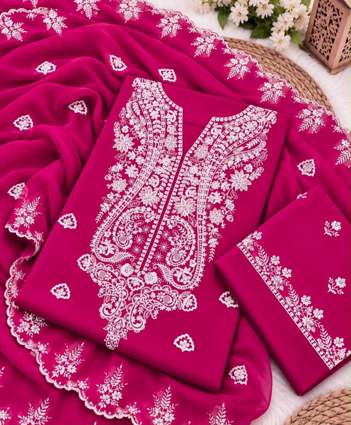 Kashmiri 3MM Sitara Embroidery Soft Cotton Fabric With Cutwork Border Chiffon Dupatta - 3PC Unstitched Dress 👗