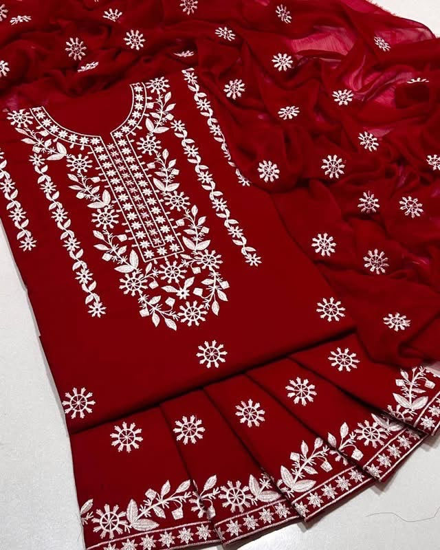 Pakka Thick Thread Fancy Gala Daman Embroidery Lawn Cotton with Chiffon Dupatta - 3PC Unstitch Dress 👗