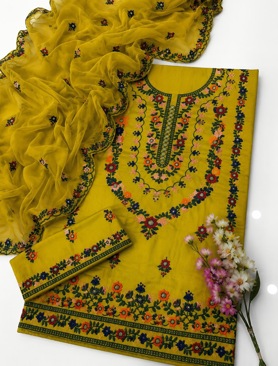 3MM Sequence Sitara Pakka Thread Multi Embroidered Lawn Cotton Suit with Premium Chiffon Cutwork Dupatta – 3PC Unstitched Dress 👗