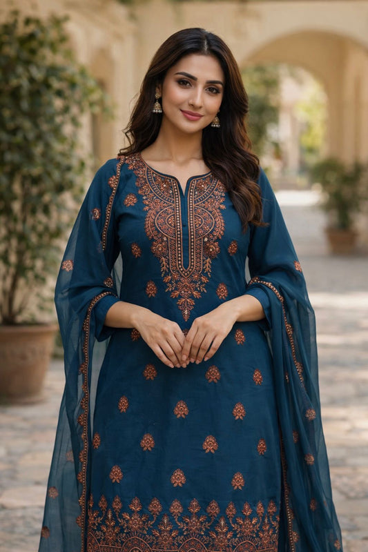 Elegant 3-Piece Kashmiri Computer Embroidery Cotton Fabric With Chiffon Dupatta - 3PC Unstitch Dress 👗