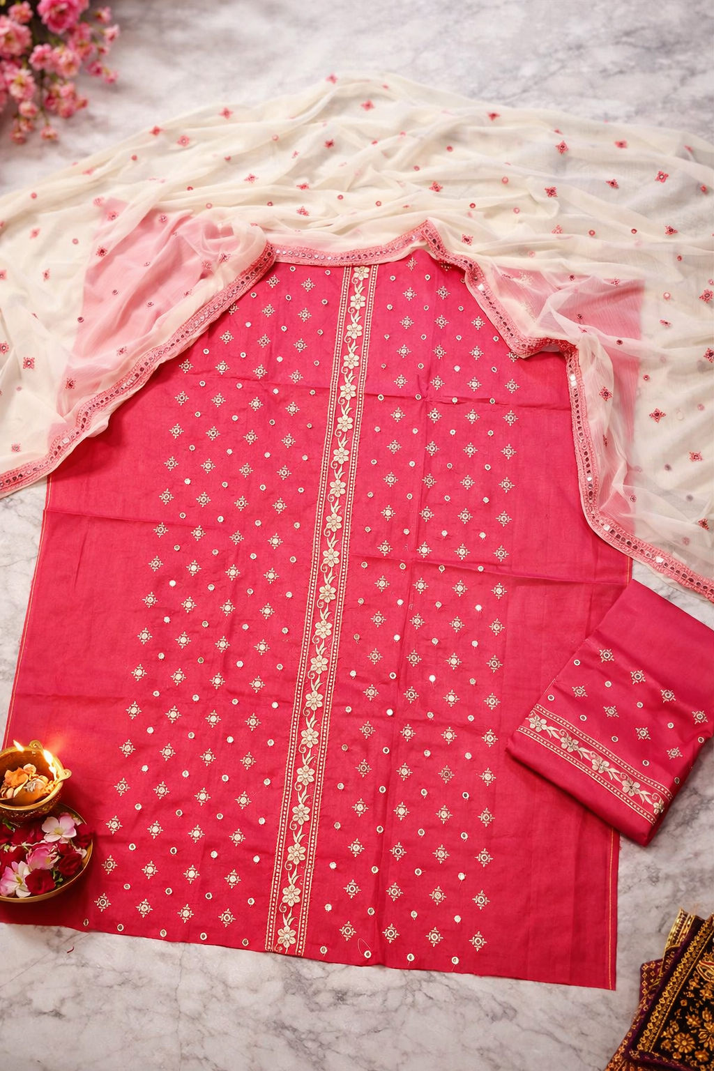 3 Piece Soft Cotton Dress with Chiffon Dupatta & 9mm Star Work Embroidery – Festive Wear