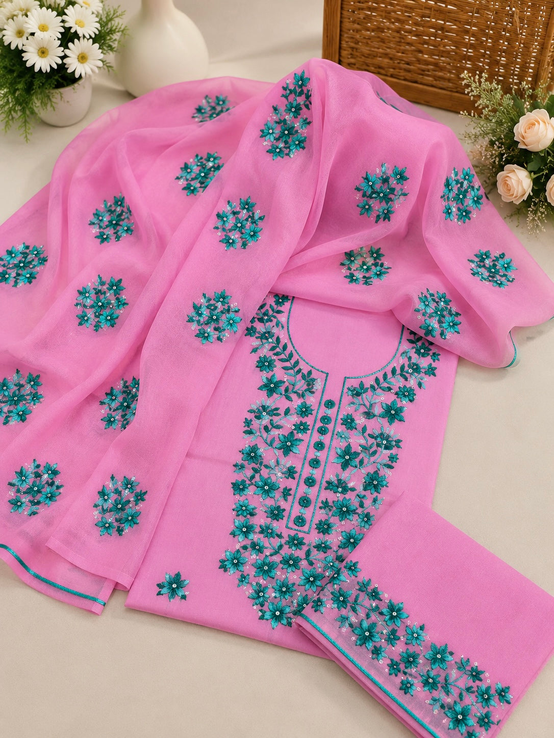 3MM Sitara Two-Tone Thick Thread Machine Embroidered Soft Cotton with Chiffon Dupatta - 3PC Unstitch Dress 👗