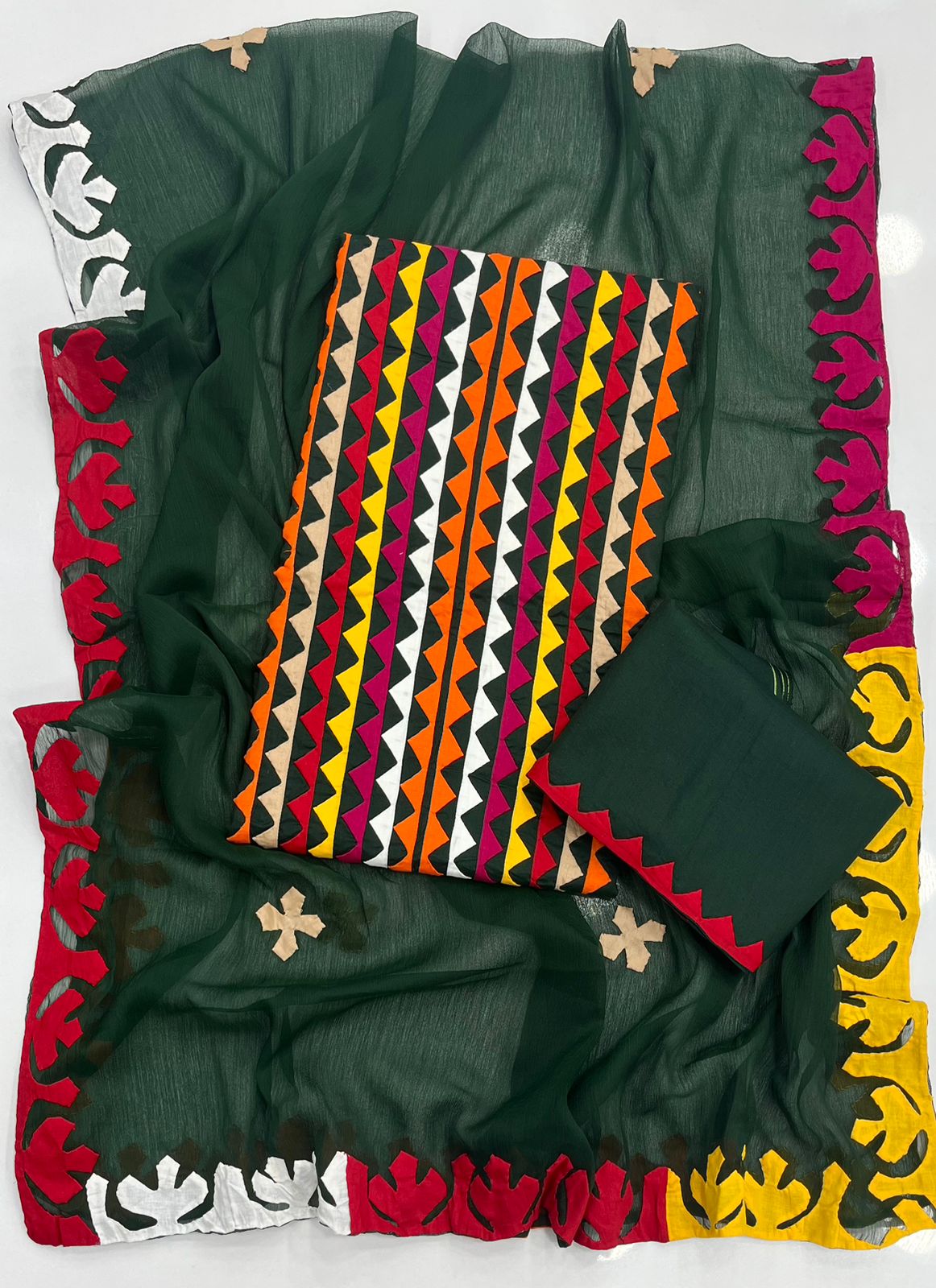 Multicolor Applique 3-Piece Dress – Soft Cotton with Chiffon Dupatta
