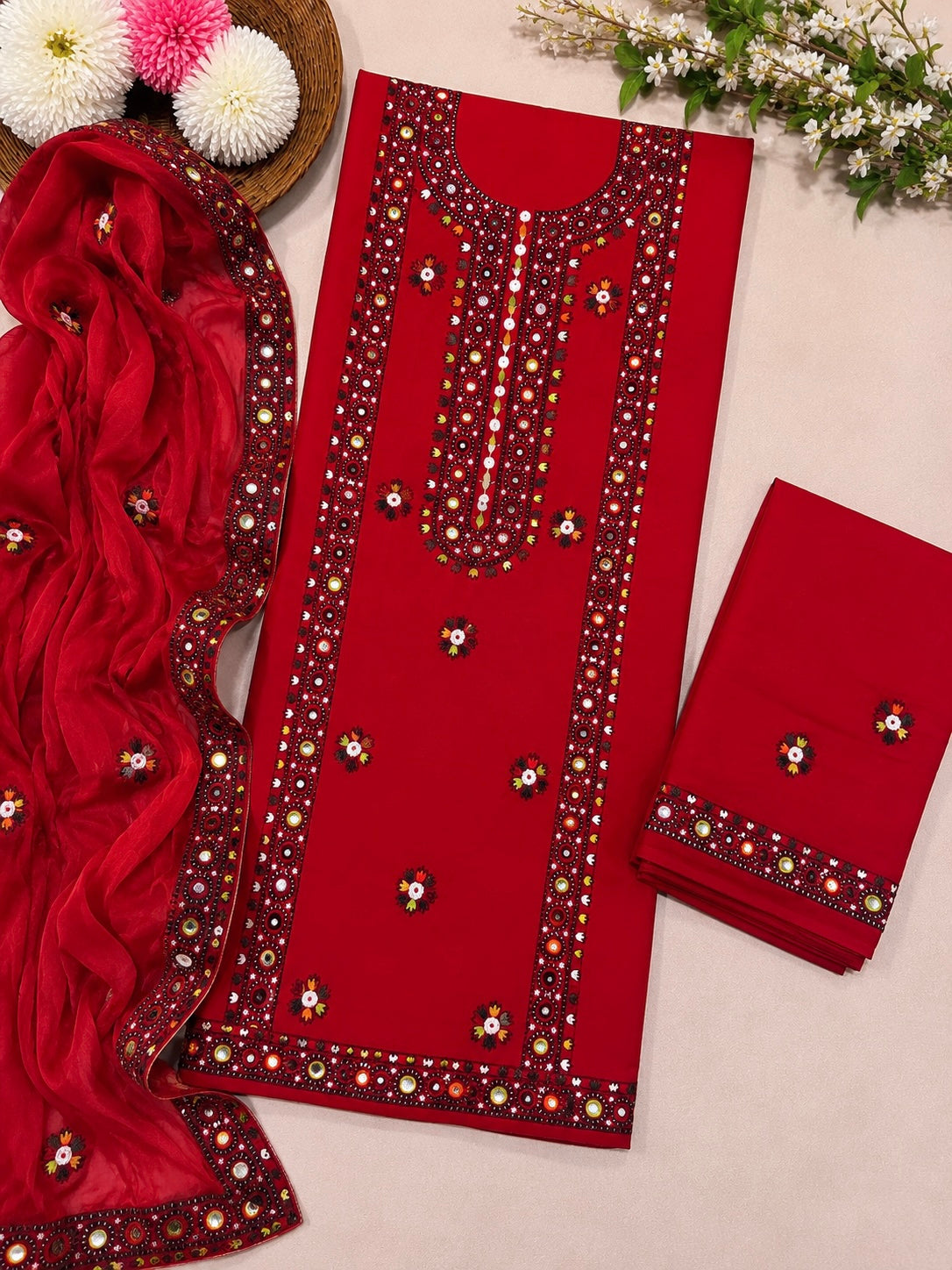 Balochi Multi Thick Thread & 9MM Sitara Heavy Embroidered Lawn Cotton Shirt & Trouser with Chiffon Dupatta | 3 Piece Unstitched Dress