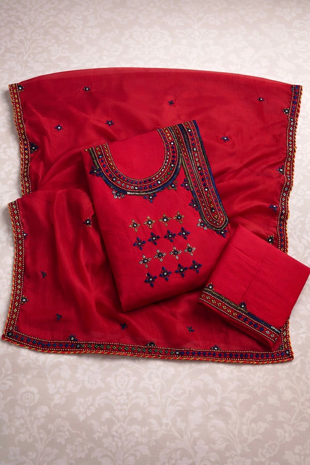 Angrakha Style Gala Balochi Handmade Original Mirror Work Lawn Cotton with Chiffon Dupatta - 3PC Unstitch Dress 👗