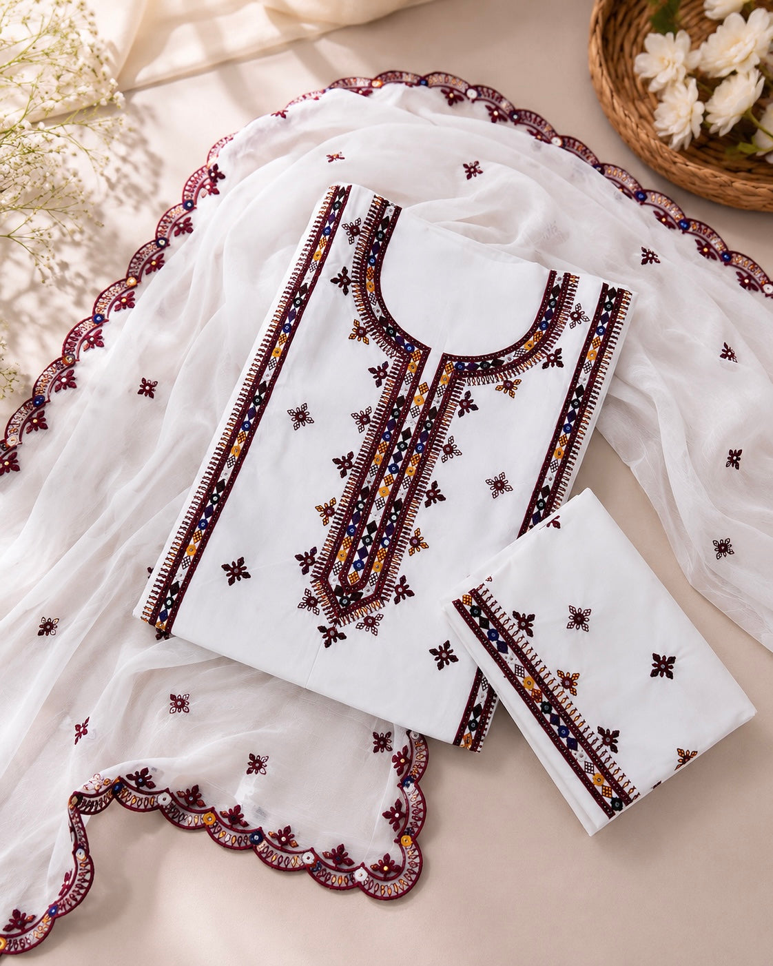 Balochi Thick Thread Embroidered Lawn Cotton with Two Side Cutwork Border Embroidered Dupatta - 3PC Unstitch Dress 👗