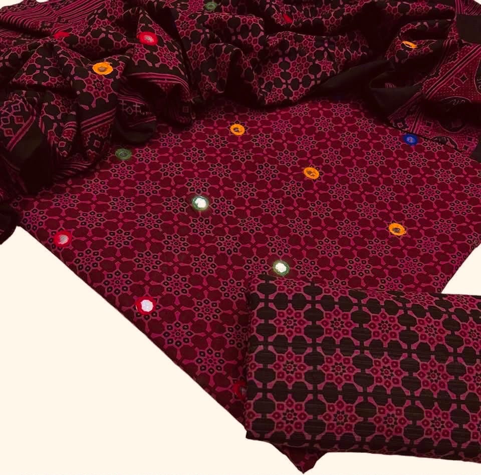Ajrak Block Print Cotton 3-Piece Suit with Multi Sitara Foil Work – Hand-Dyed Traditional Elegance
