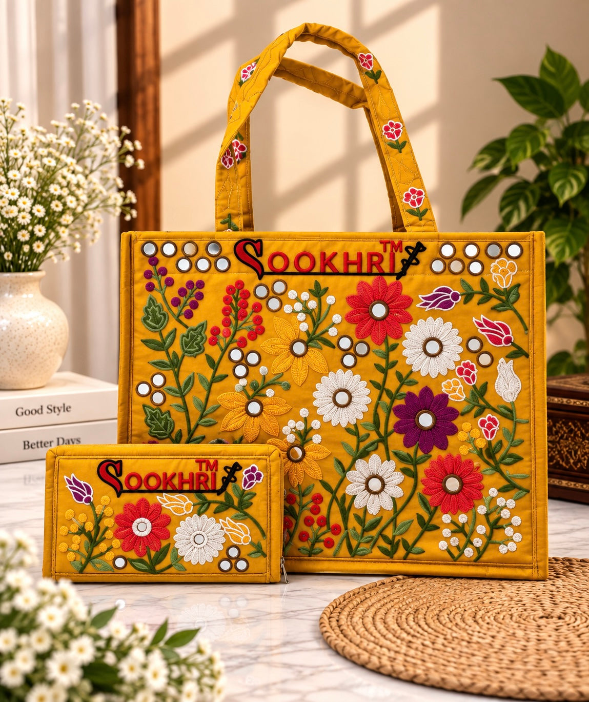 Traditional Multi-Pattern Antique Embroidered Handbag with Matching Clutch