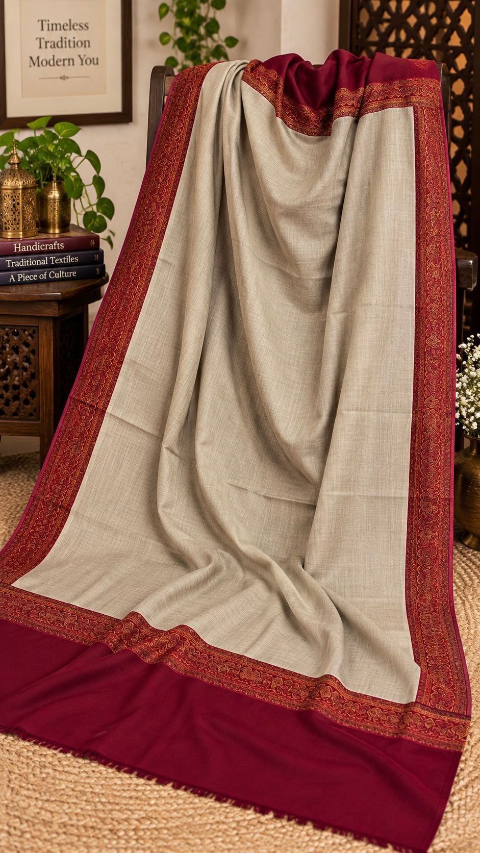 Original Pashmina Four Border Shawl for Winter – Traditional Printed Design (Large Size)