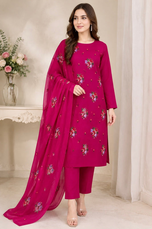 Cross Stitch Multi Floral Bunches Embroidered Lawn Cotton Shirt & Trouser with Chiffon Dupatta - 3PC Unstitched Dress