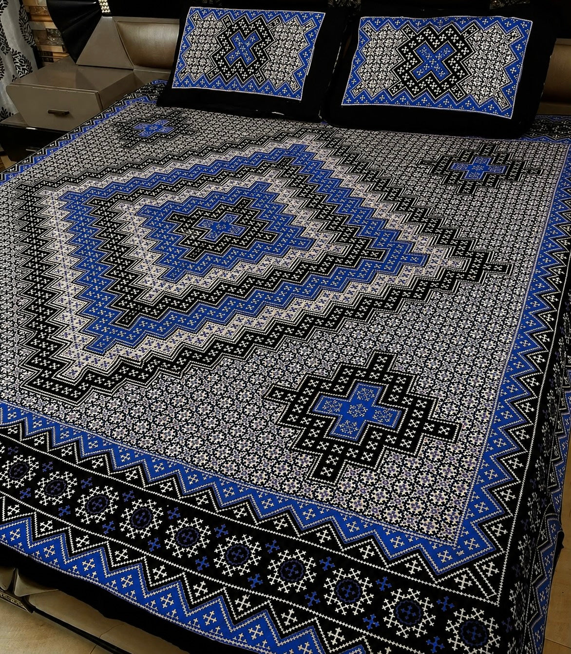 King Size Ajrak Block Hand Print Cotton Stuff Bedsheet Set with 2 Unstitched Pillow Covers