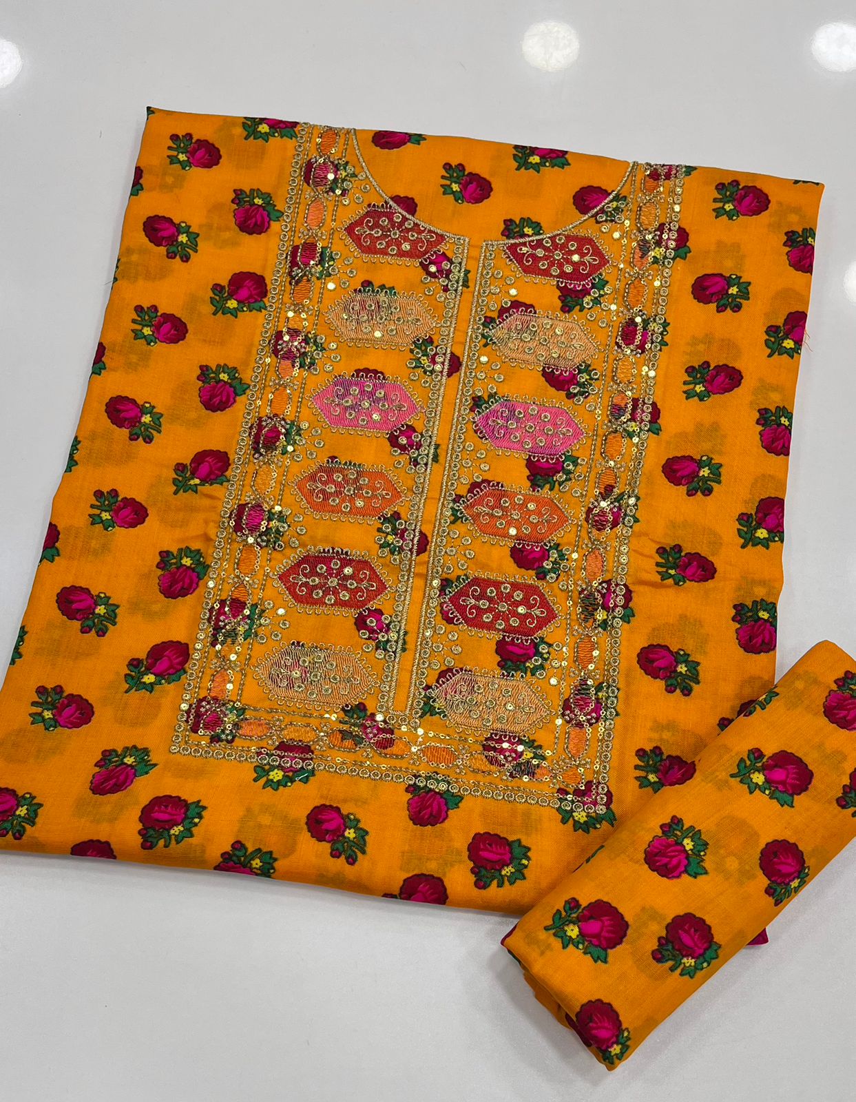 Acrylic Marina Floral Printed 2 Piece Unstitched Suit with Sequence Sitara Work Embroidery