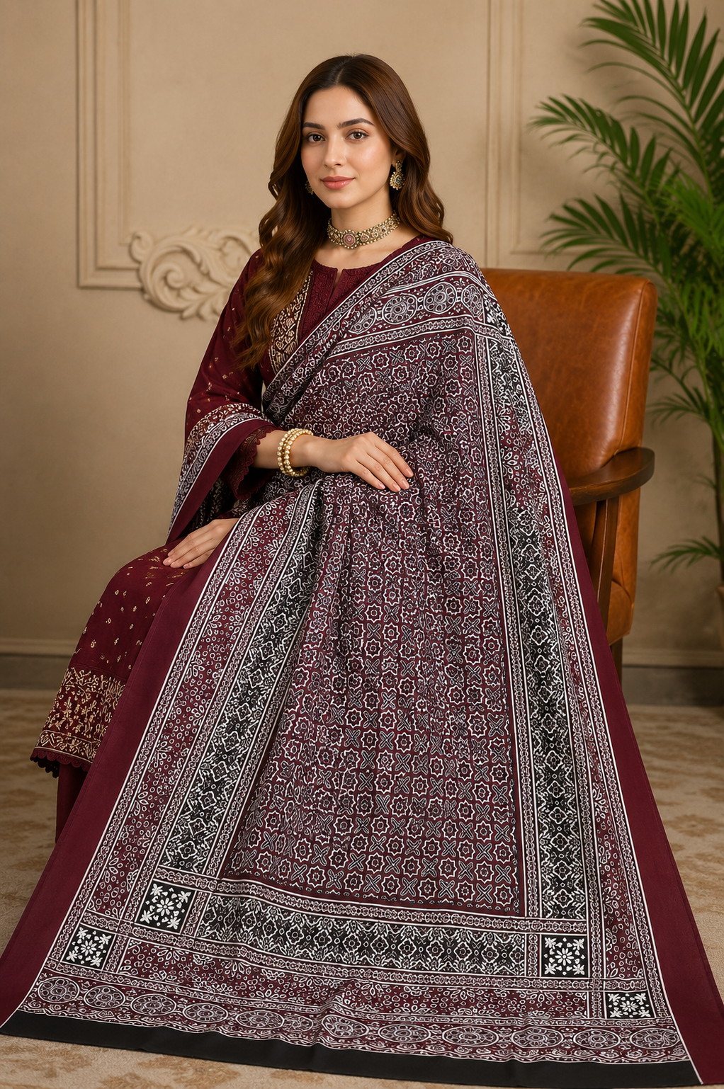 Premium Linen Fabric Ladies Traditional Ajrak Shawl (Large Size)