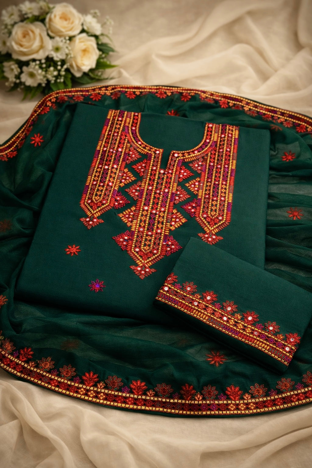 Balochi Aari Sitara Foil Work Embroidered Soft Cotton with Chiffon Dupatta - 3PC Unstitch Dress 👗