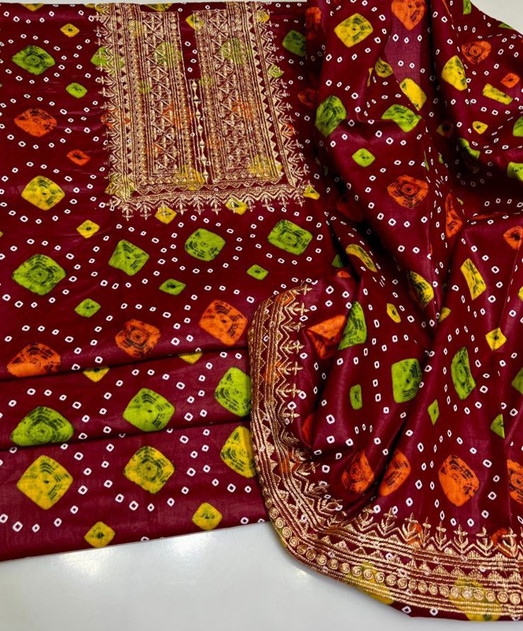 2-Piece Soft Cotton Chunri Suit with Zari Mirror Neck Embroidery