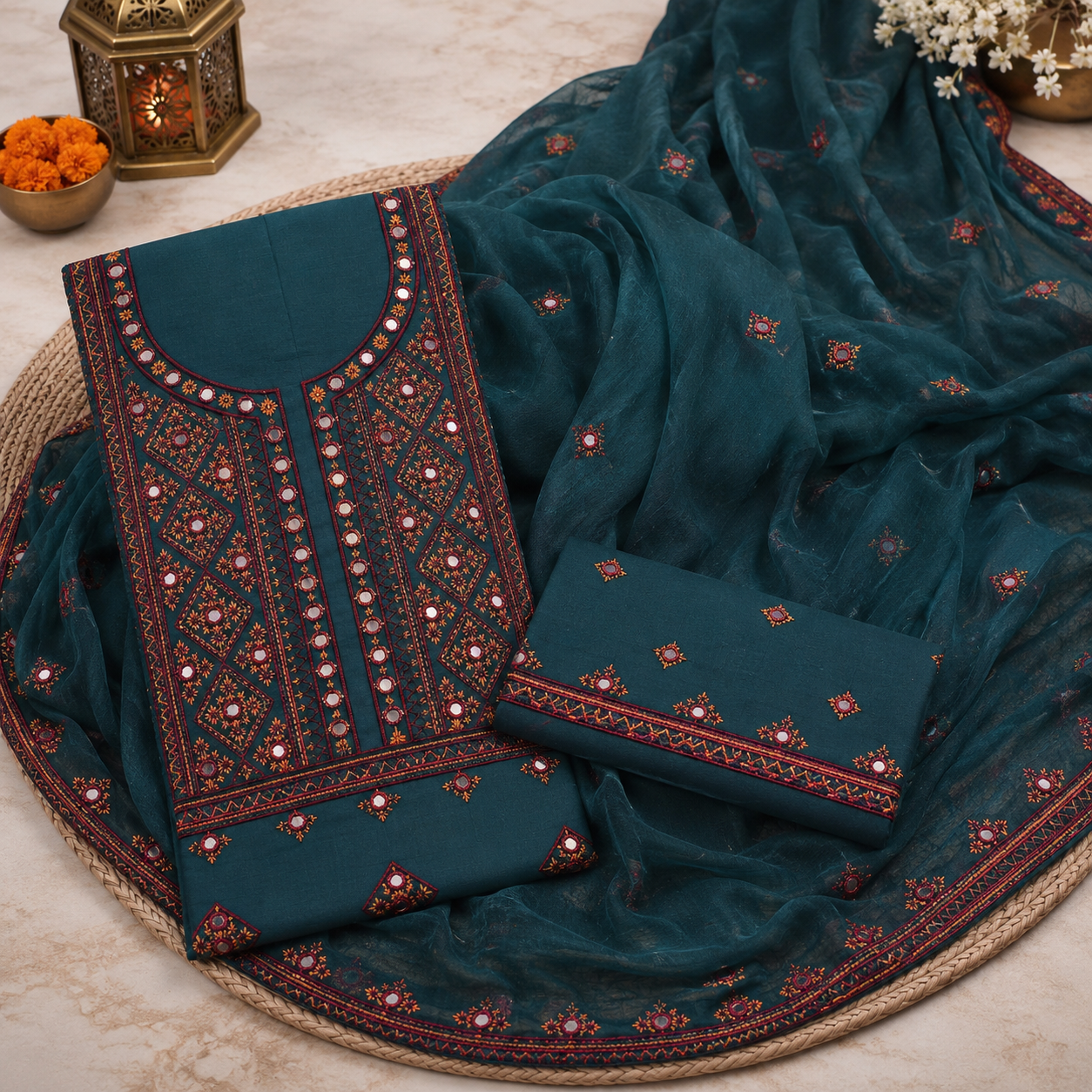 Balochi Style Thick Thread 9MM Sitara Embroidered Lawn Cotton with Chiffon Dupatta - 3PC Unstitch Dress 👗